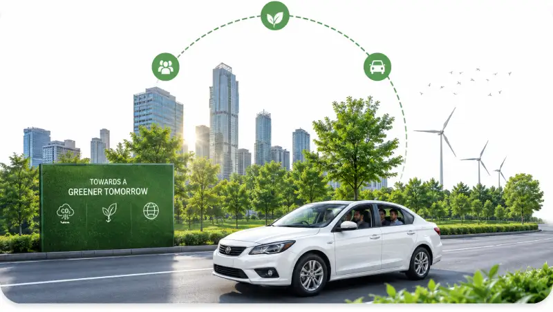 White sedan on a green urban road illustrating MoveInSync's sustainable carpooling
