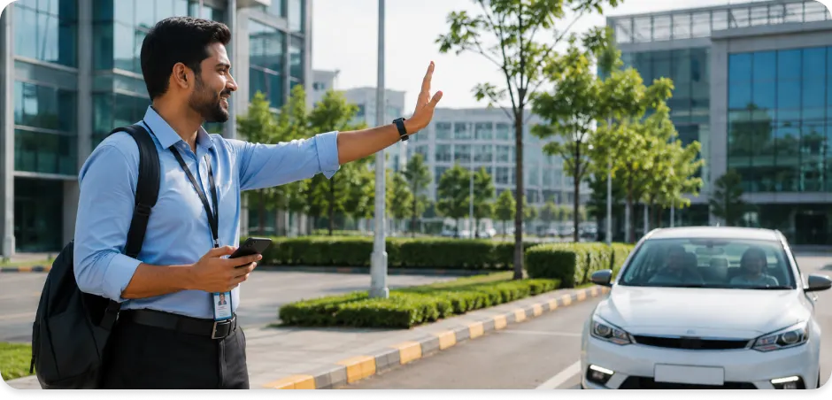 An employee hailing a carpool pickup outside an office campus using MoveInSync ride-sharing platform