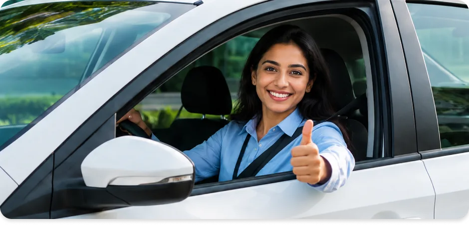Employee giving a thumbs up while seated in a car, representing safe and convenient corporate carpooling by MoveInSync